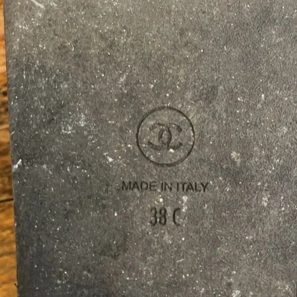 Chanel black leather and silver chain velcro logo sandals. Sandals